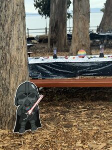 A large cartoon-style Darth Vader cutout stands at the base of a tree beside a picnic table decorated with Star Wars-themed coloring sheets and markers. More tables and the waterfront are visible in the background.